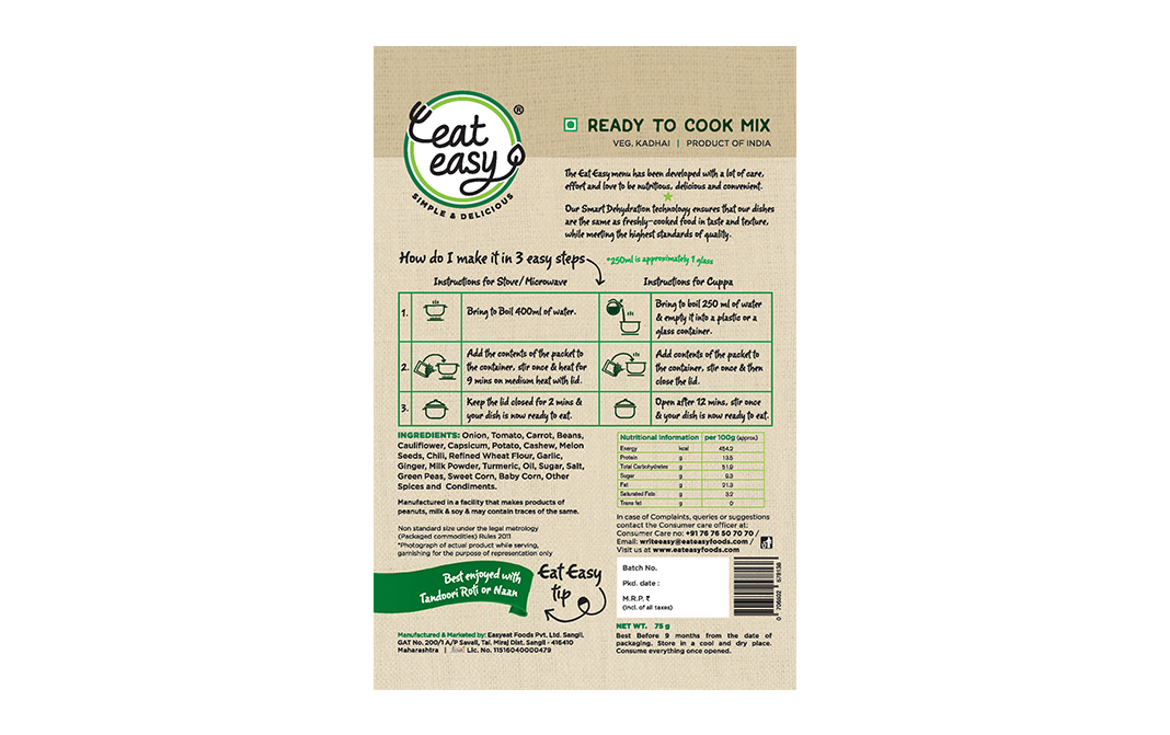 Eat Easy Veg. Kadhai    Box  75 grams